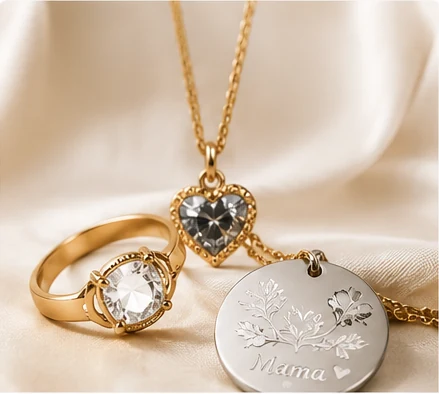 Personalisierter Schmuck mit Ring und Anhängern auf hellem Stoff
