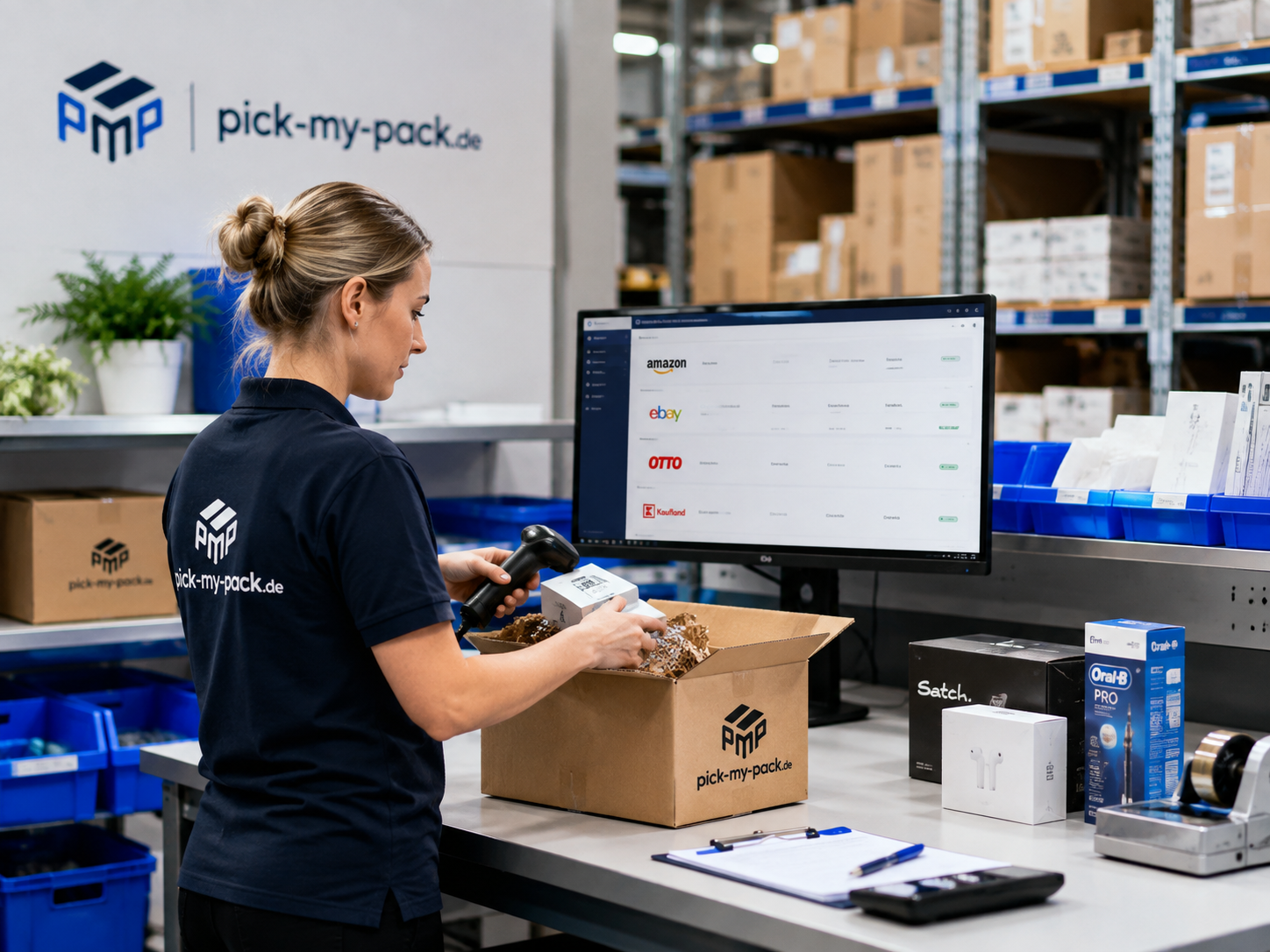 Mitarbeiter bereitet Pakete für Amazon- und Marktplatz-Versand vor