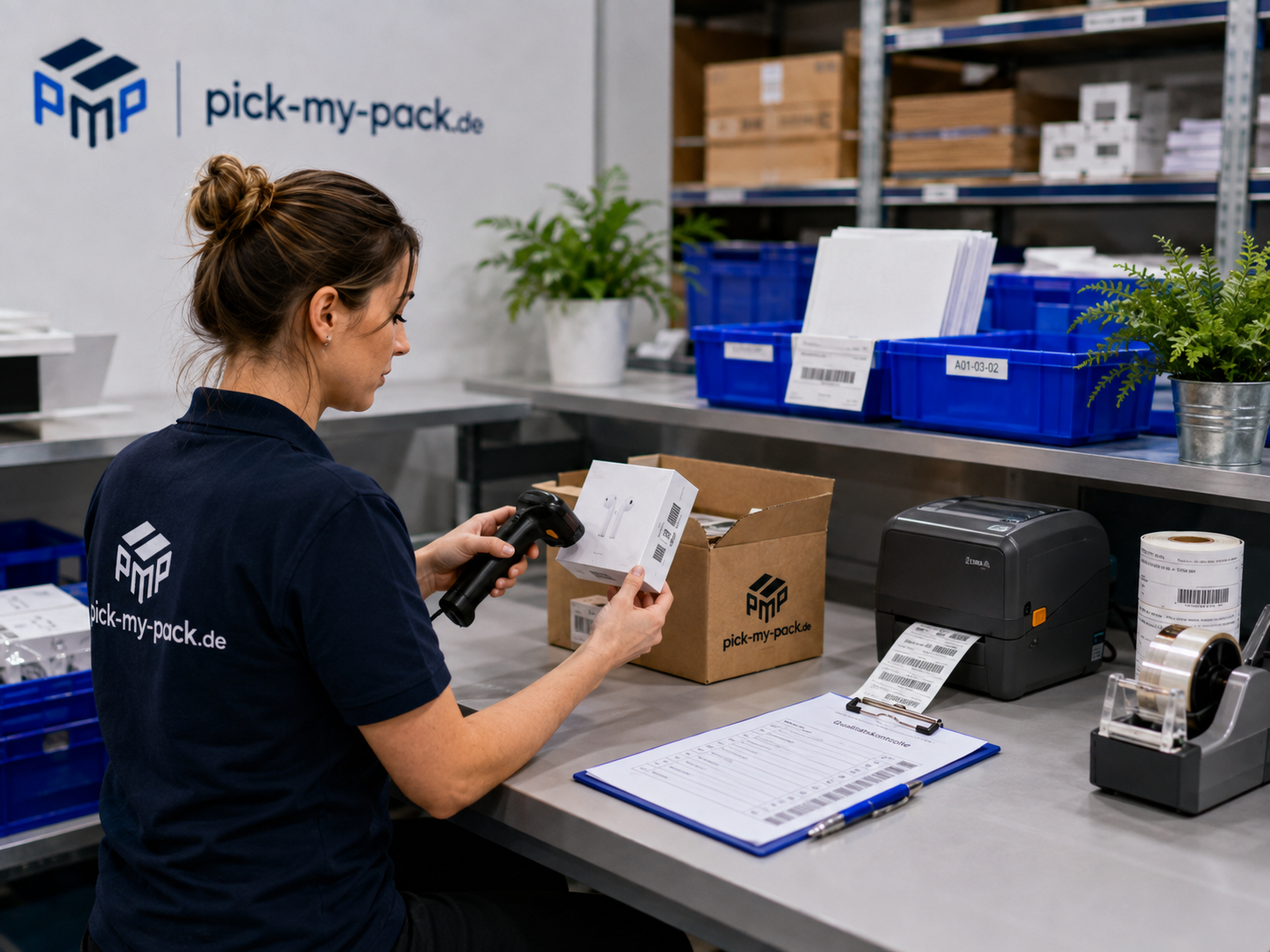 Mitarbeiter kontrolliert Kennzeichnung und Verpackung einer Marktplatz-Bestellung