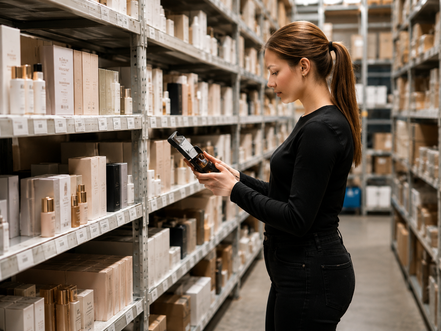 Mitarbeiterin bereitet Beauty-Produkte am Packplatz für den Versand vor