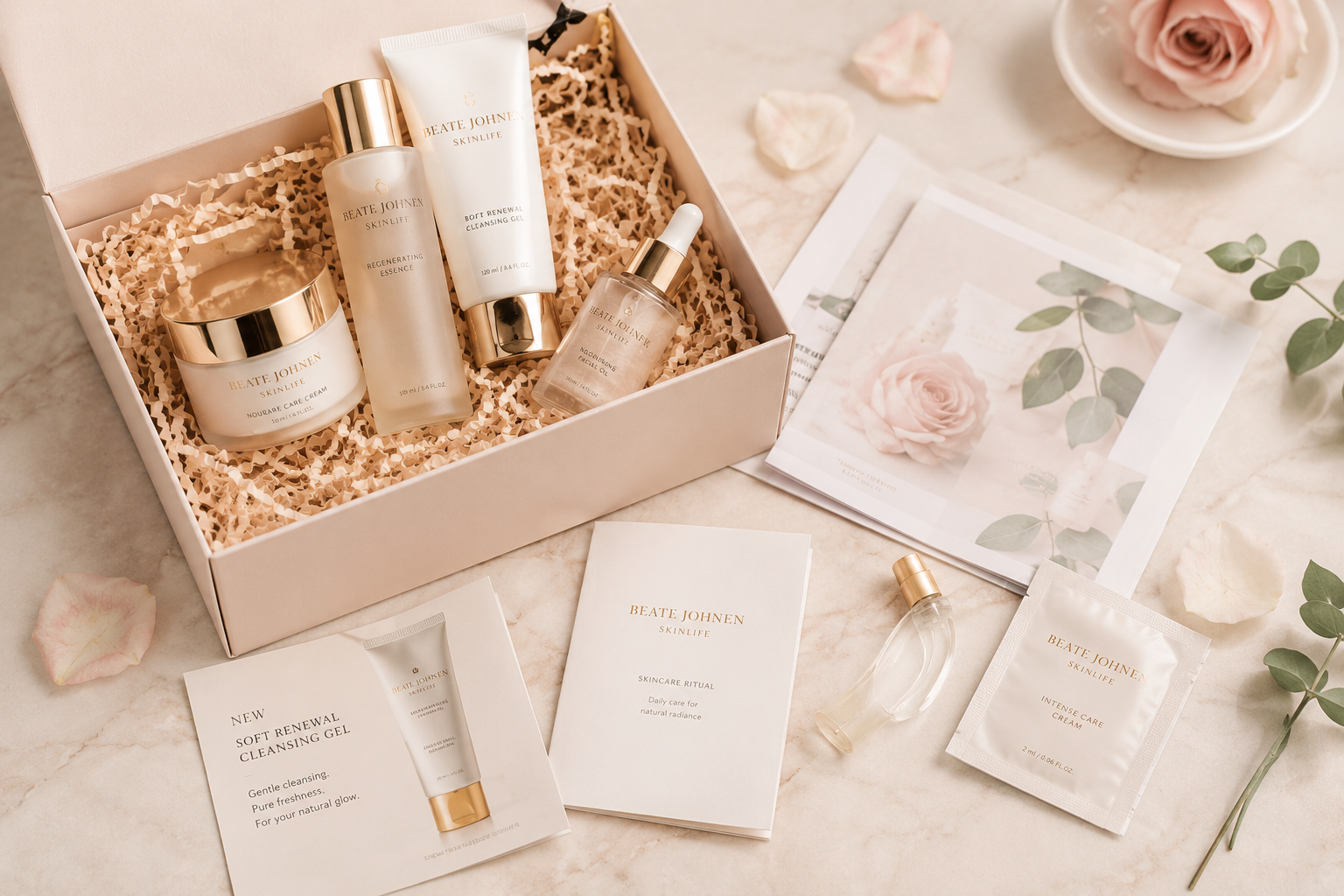 Beauty-Produkte mit Kampagnenbeilage für den Versand