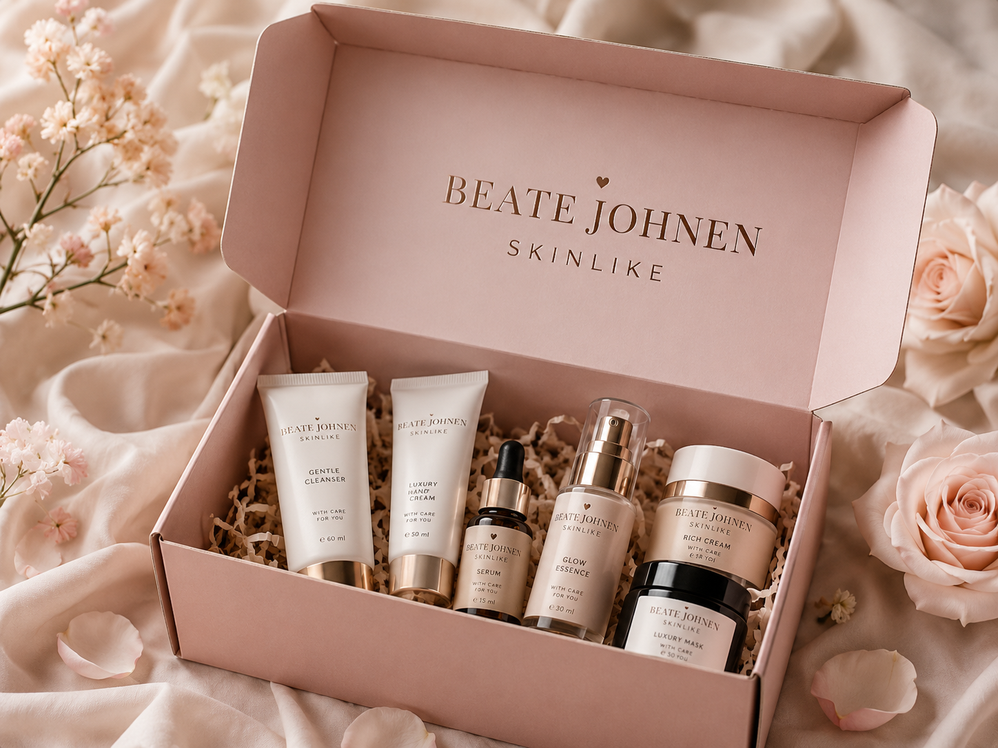 Versandfertiges Beauty-Set mit Produkten und Beilagen