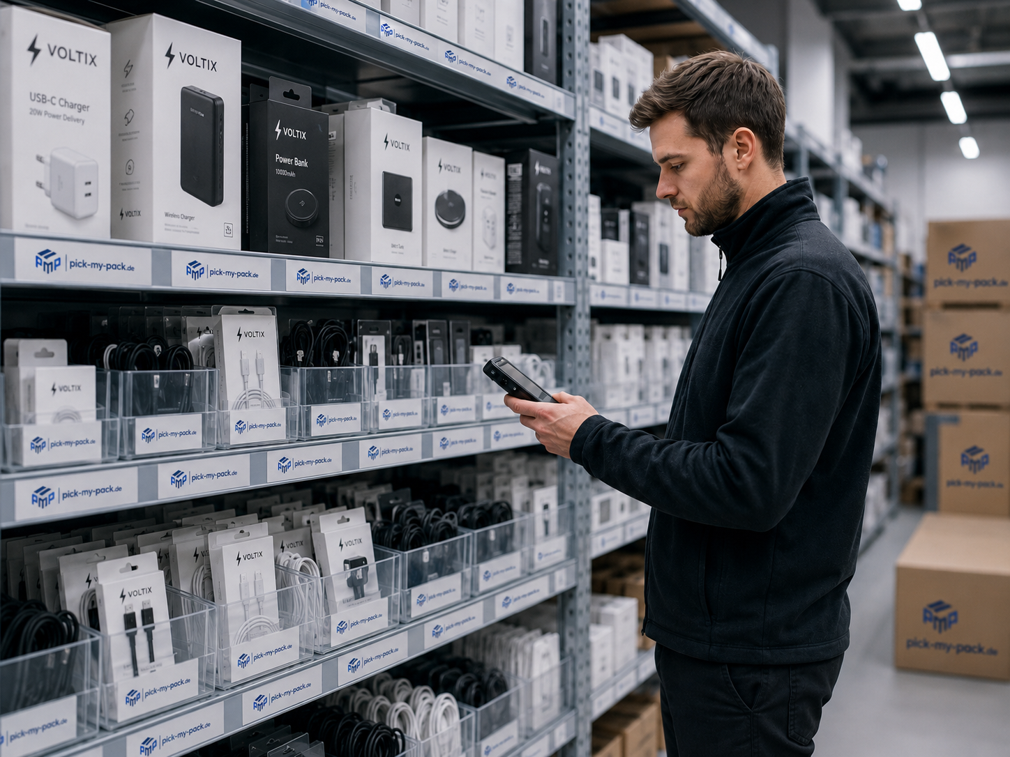 Mitarbeiter prüft Elektronikartikel und Zubehör am Packplatz