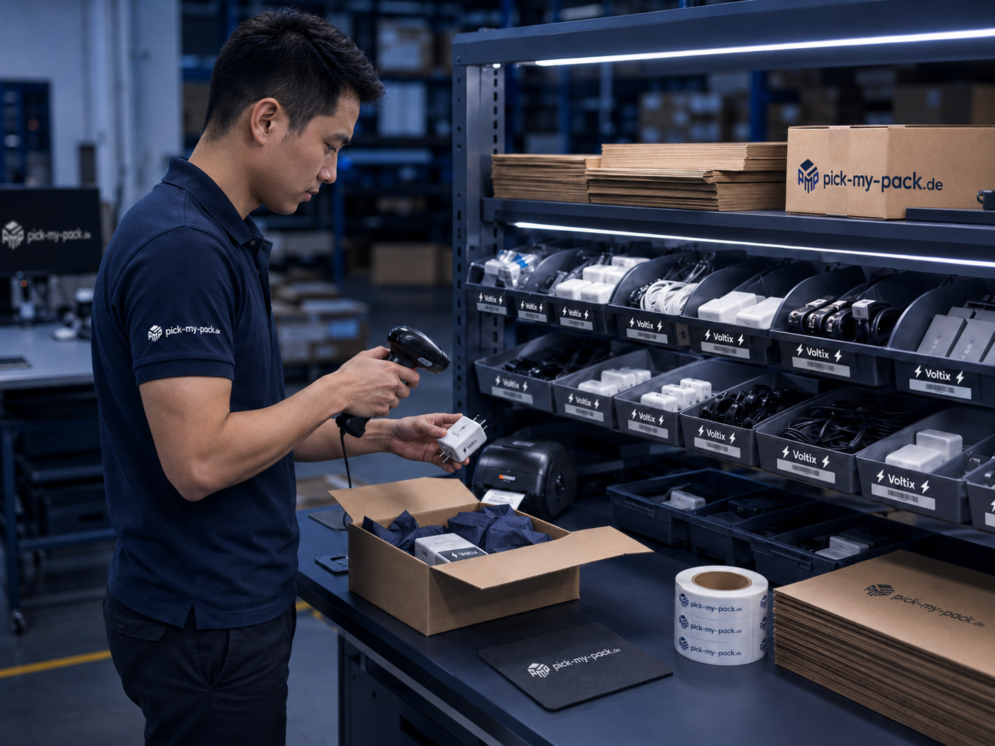 Mitarbeiter kontrolliert verpacktes Elektronikzubehör vor dem Versand
