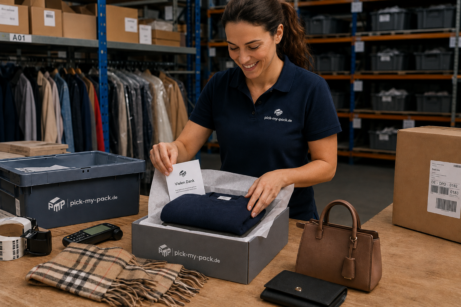 Kleidungsstücke und Accessoires werden markengerecht verpackt