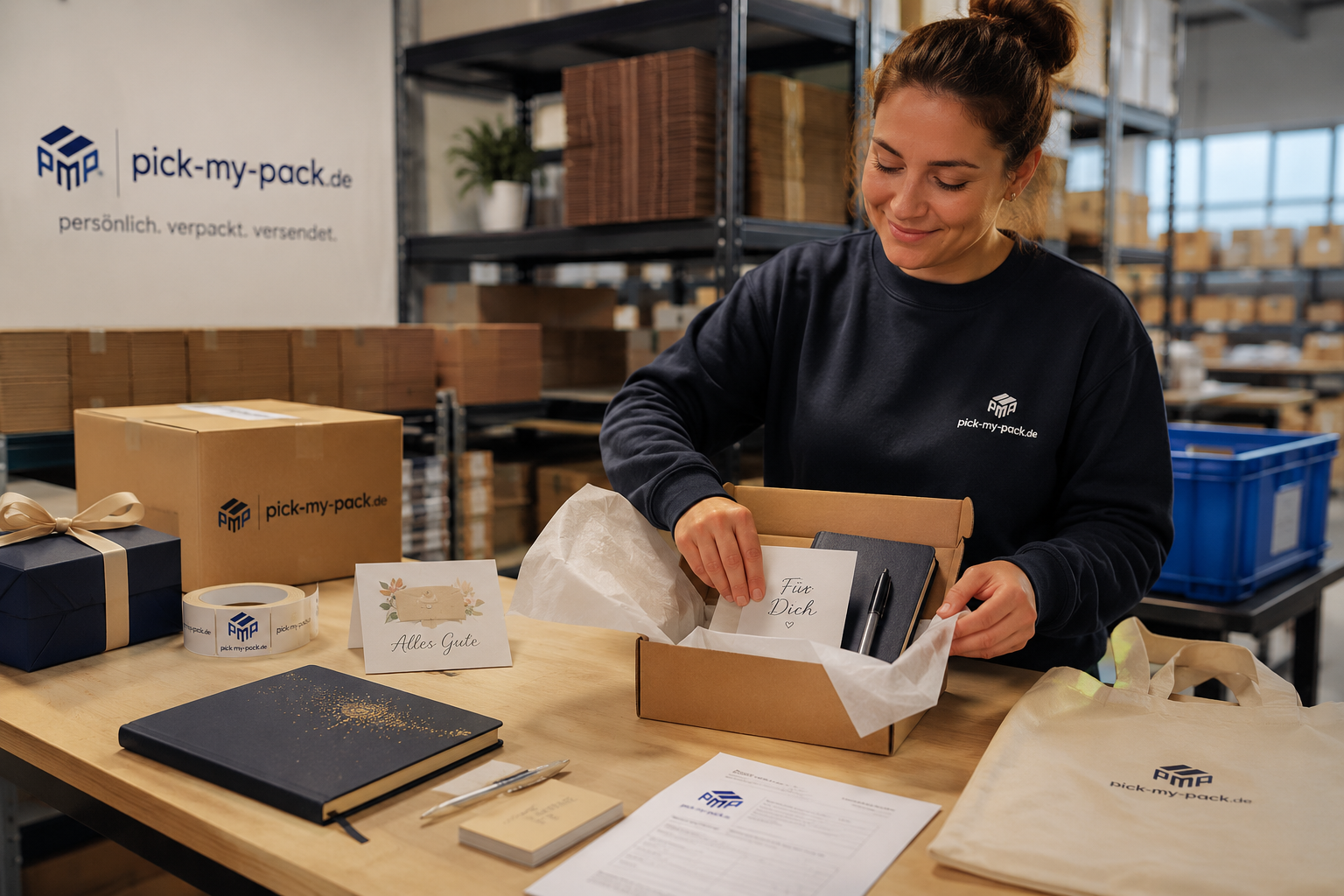 Geschenke und Papeterie werden persönlich und markengerecht für den Versand vorbereitet