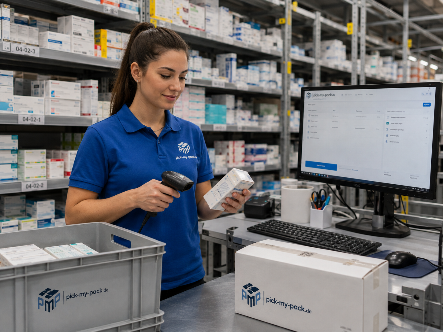 Mitarbeiterin bearbeitet medizinische Produkte kontrolliert im Lager