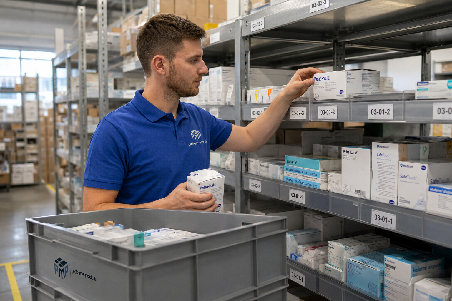 Mitarbeiterin ordnet medizinische Produkte einem Auftrag eindeutig zu
