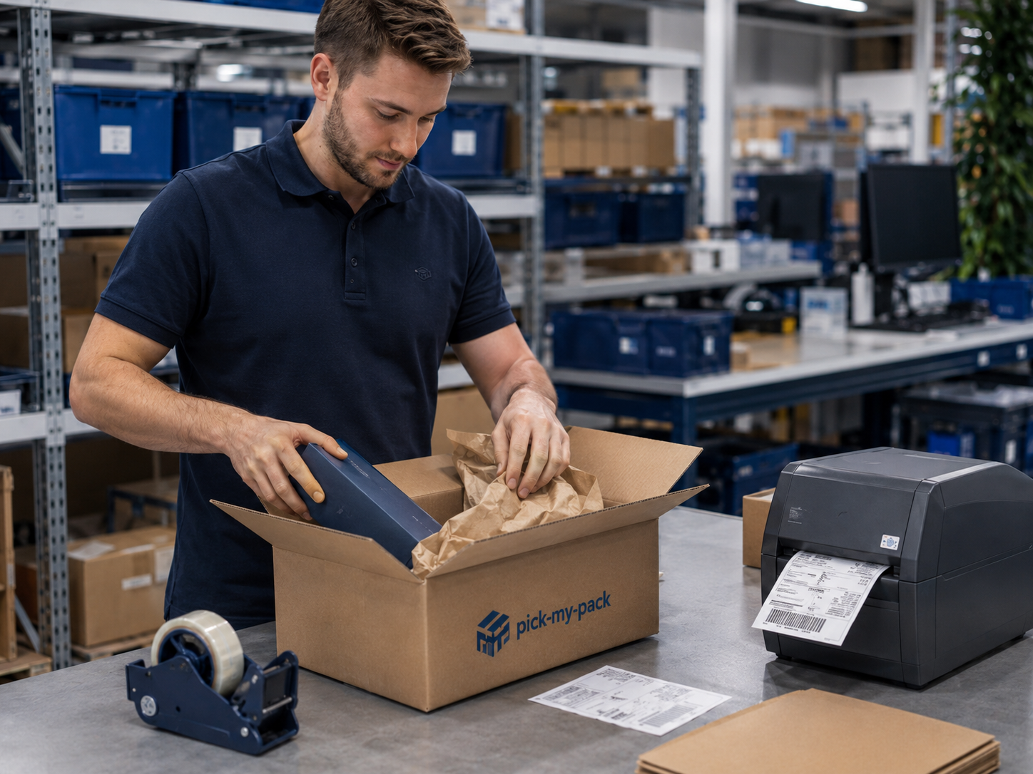 Mitarbeiter verpackt ein empfindliches Produkt mit Schutzmaterial