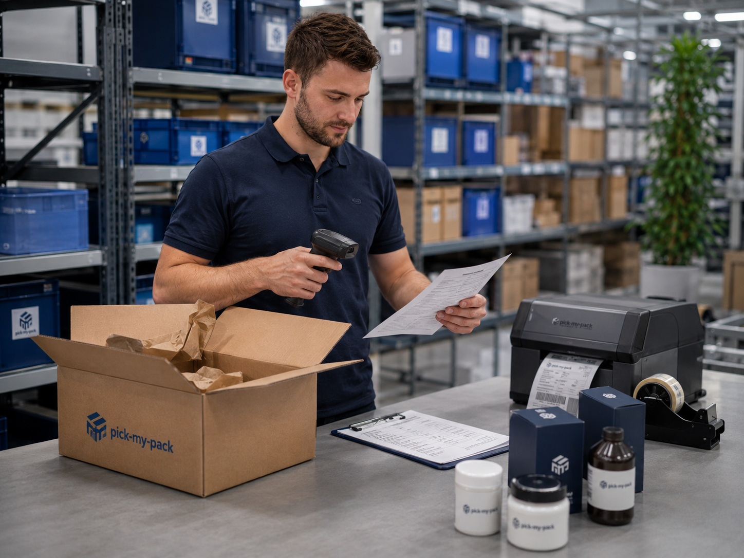 Mitarbeiter kontrolliert mehrere Artikel einer Bestellung am Packplatz