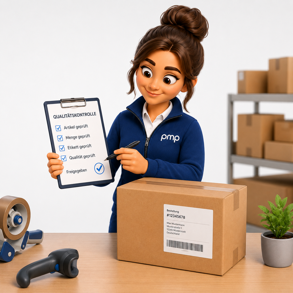 pick-my-pack Pimpi kontrolliert Verpackung, Inhalt und Beilagen