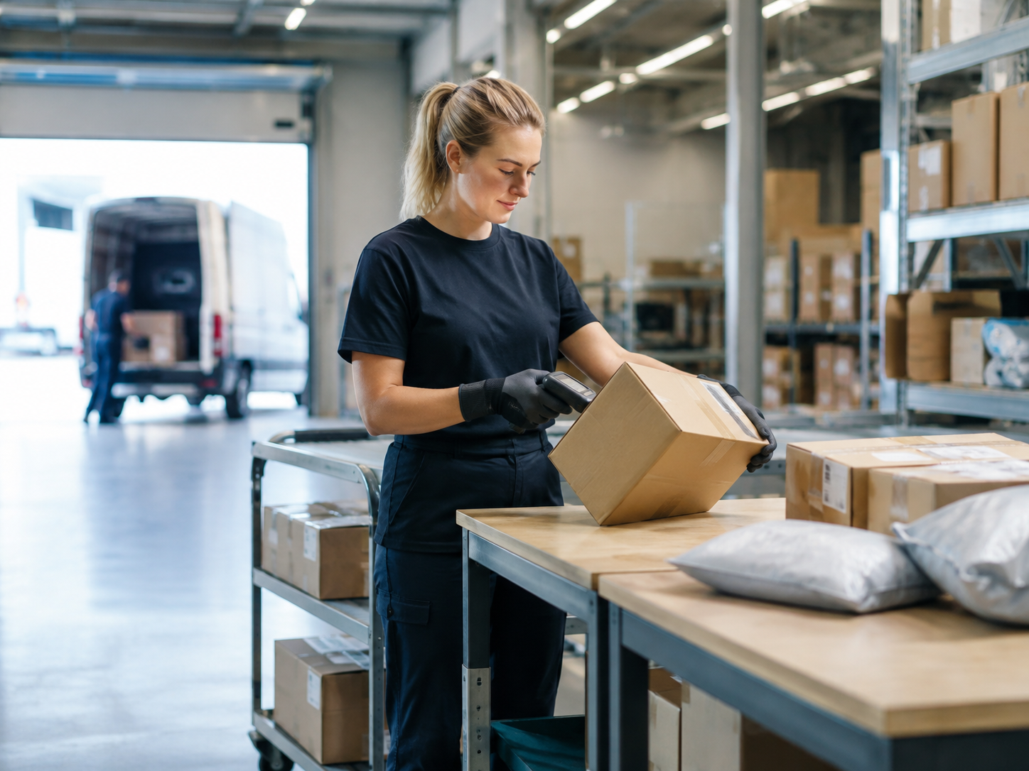 Eingehendes Retourenpaket wird am Arbeitsplatz angenommen