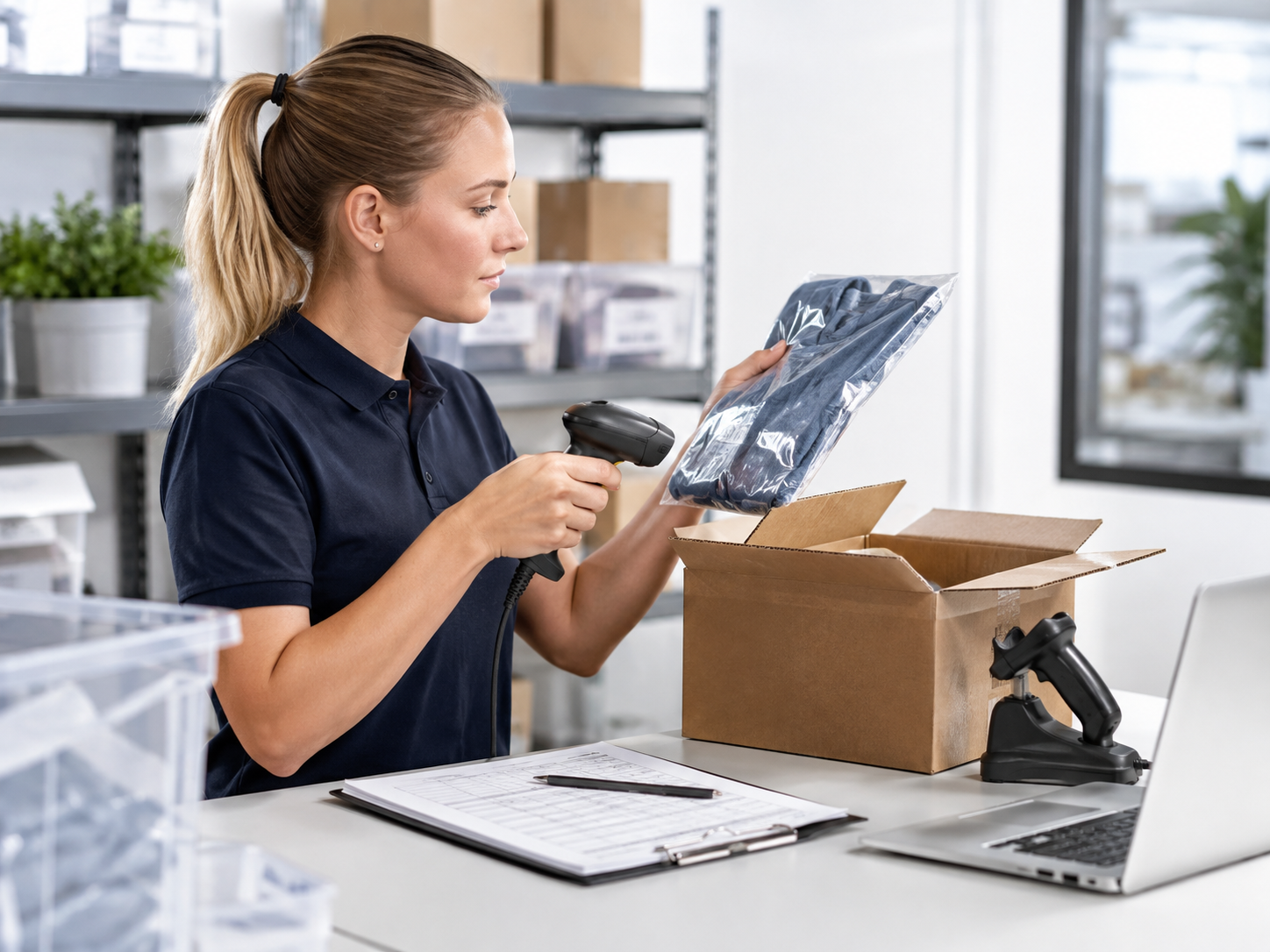 Mitarbeiter scannt den Barcode einer Rücksendung zur Zuordnung