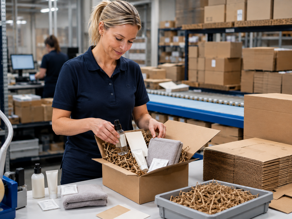 Mitarbeiterin stellt Produkte zu einem Versandset zusammen