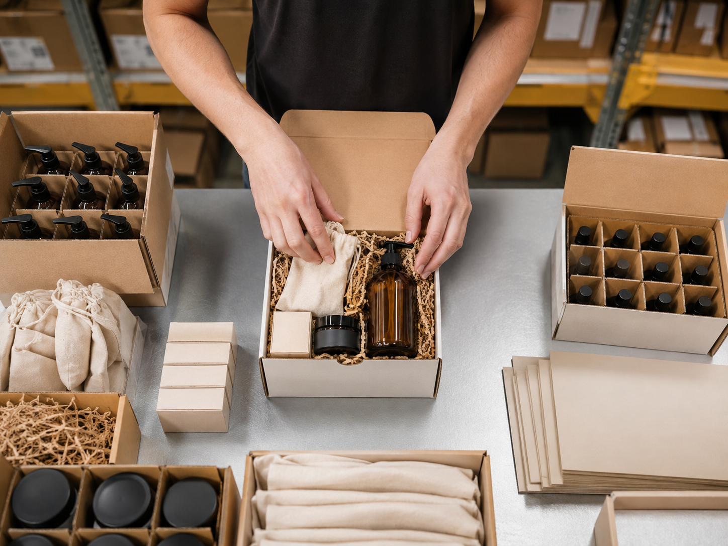 Mitarbeiterin bereitet Set-Komponenten am Packplatz vor