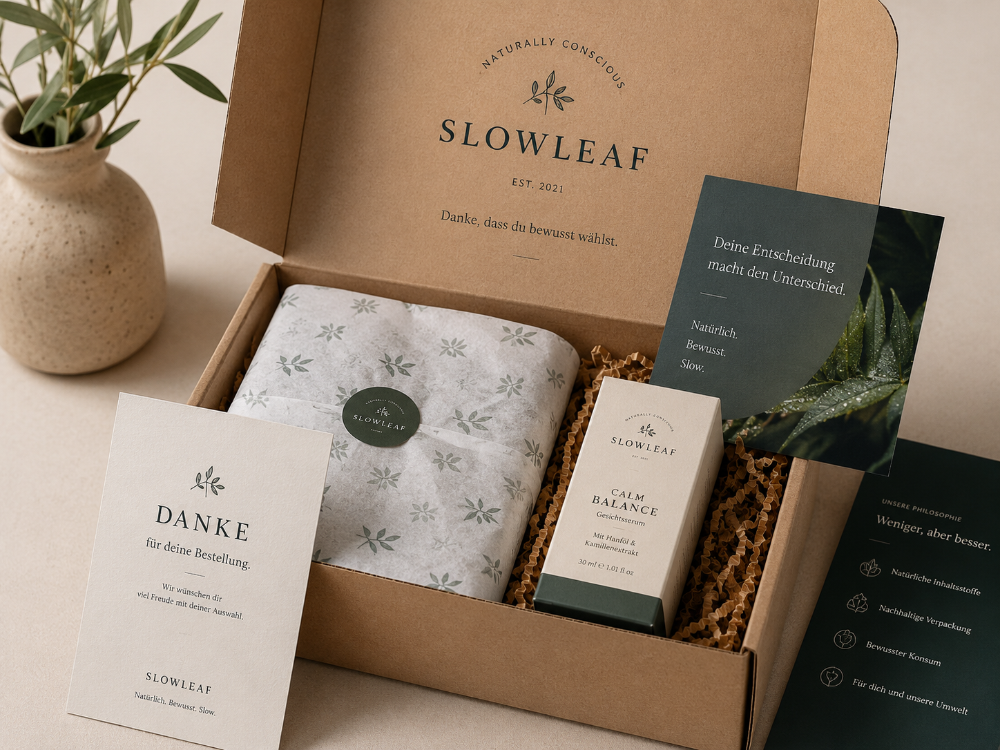 Gebrandete Versandverpackung mit Produkt und Markenmaterialien