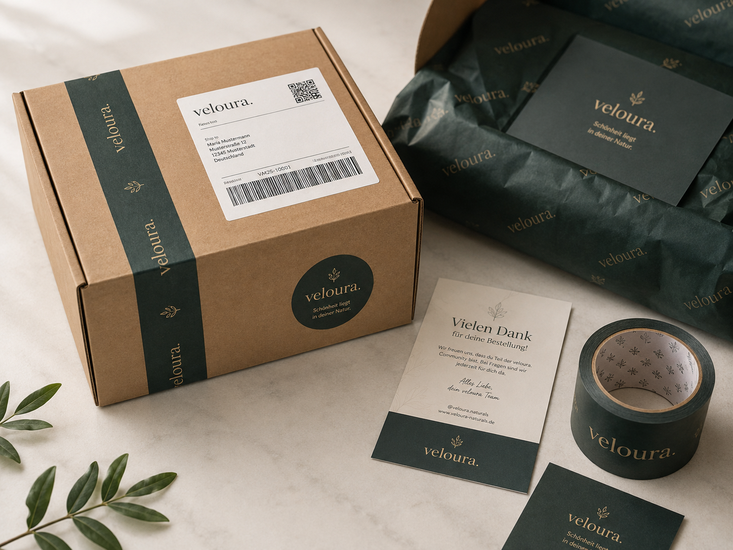 Gebrandete Versandverpackung mit Beilagen und Markenmaterialien