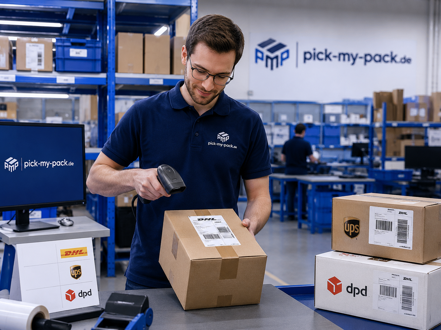 Mitarbeiter scannt Versandpakete für unterschiedliche Paketdienstleister