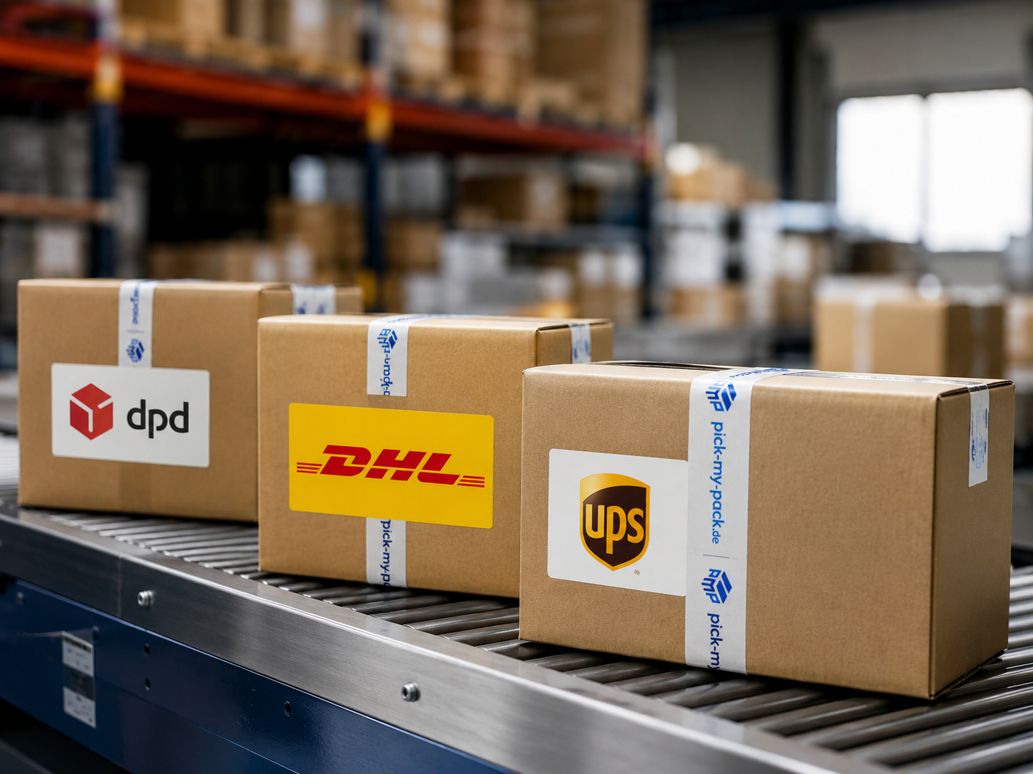 Versandfertige Pakete liegen zur Übergabe an mehrere Carrier bereit